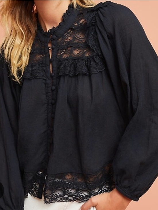 Anthropologie Tops - Anthropologie Black Lace Yoke Peasant Blouse